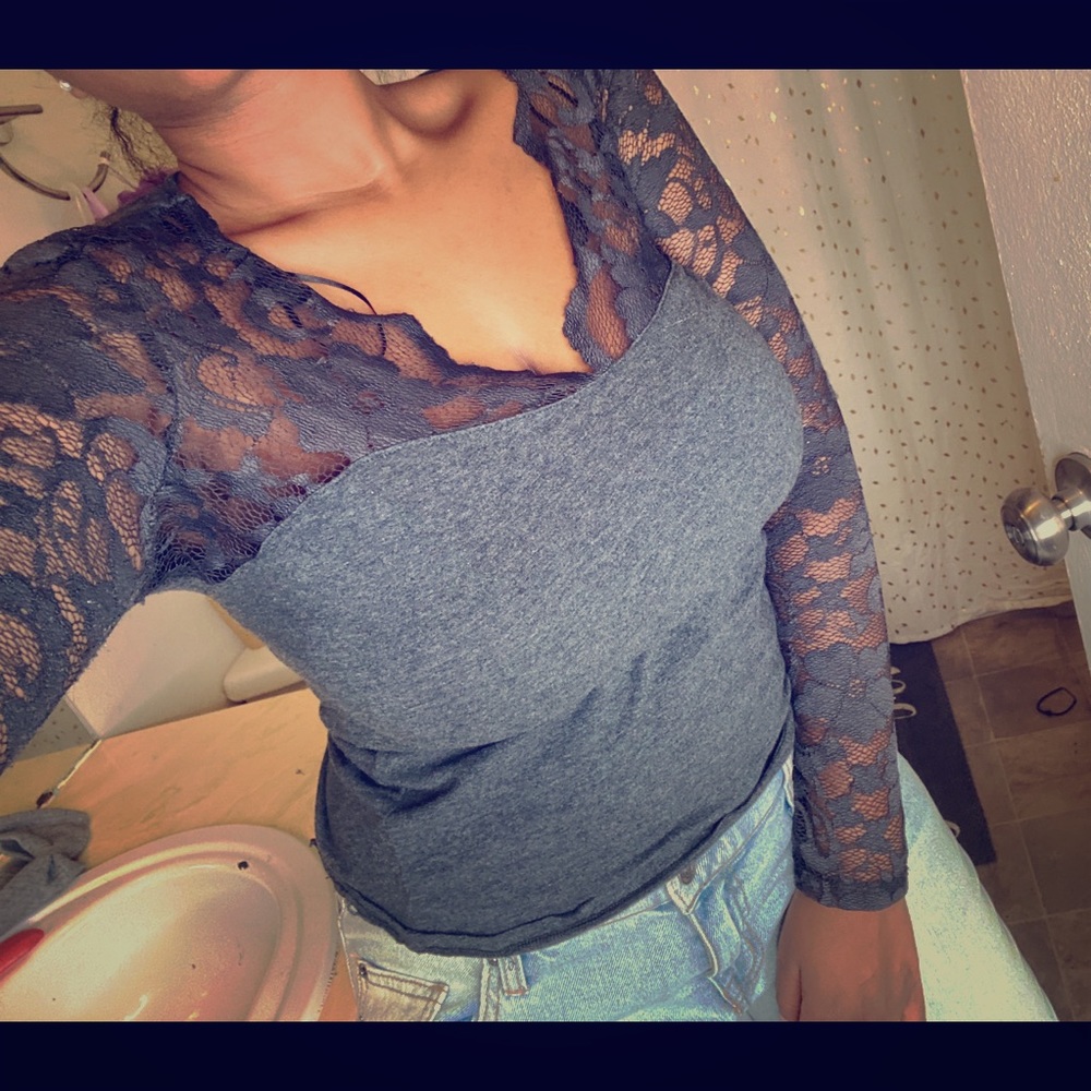 Lace Arm Decorative Sleeve Grey Shirt